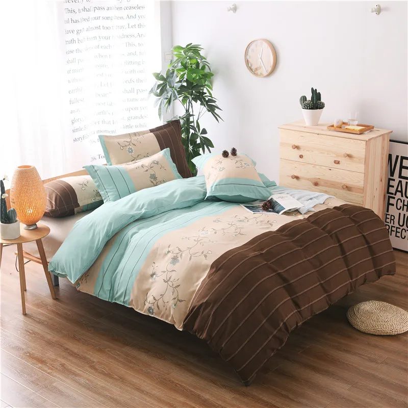

Brown+Light Blue Patchwork Prints Bedding Set Duvet Cover Sets Soft Pillowcase Bed Cover 2/3pcs Bedspreads Super King Size Warm