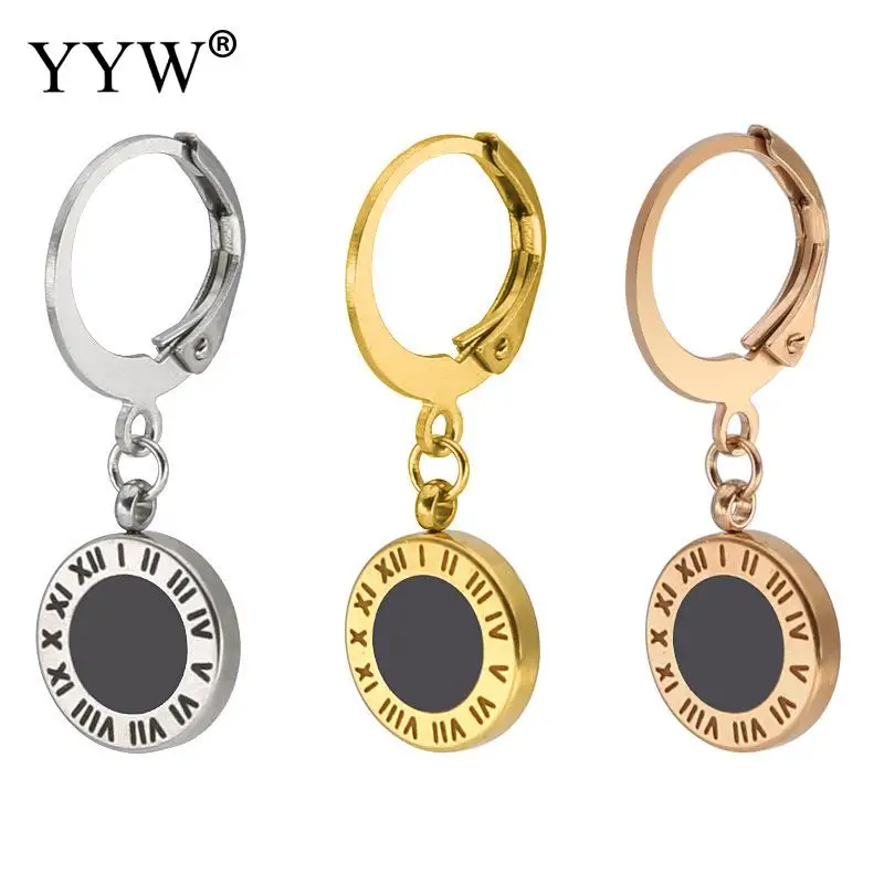 

Punk Unisex Women Male Huggie Ear Loop Drop Earring 316 Stainless Steel Flat Round Polished Roman Number Enamel Dangle Earrings