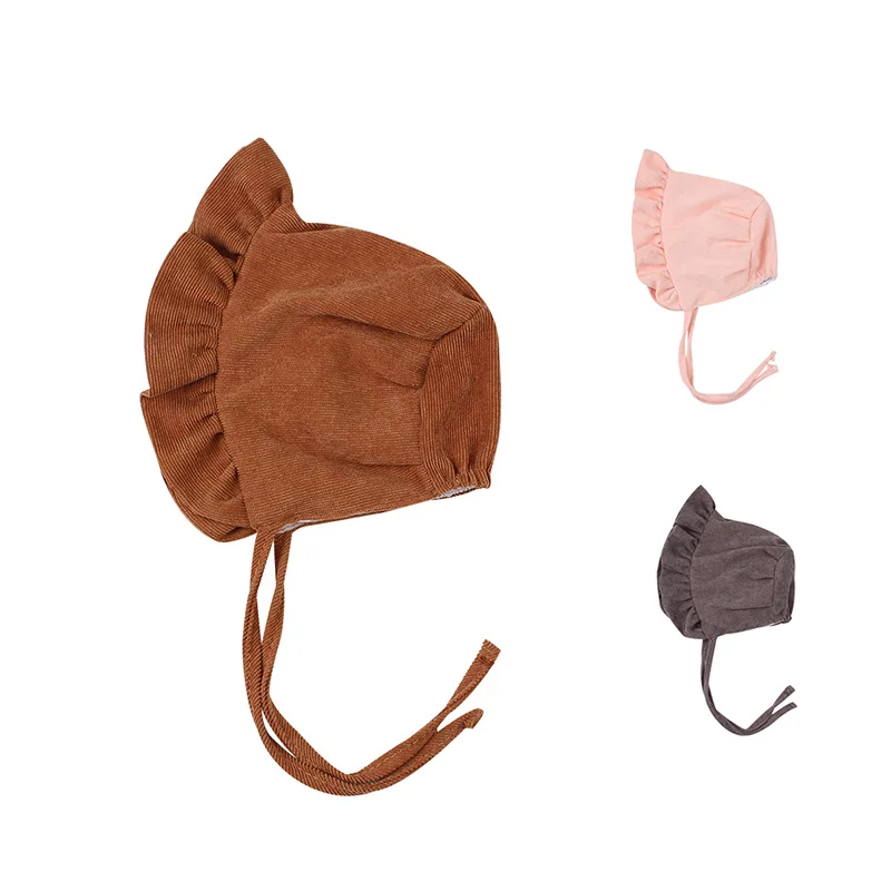 Corduroy Baby Beanie Hat Cute Princess Girls Cap Spring Autumn Lace Up Infant Sun 3-12 Months Clothing | Детская одежда и обувь
