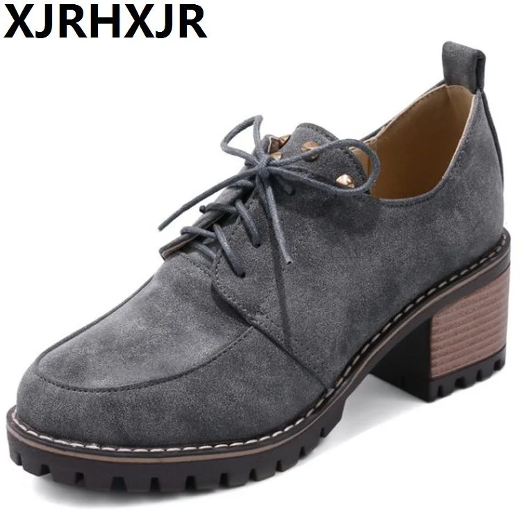

XJRHXJR Plus size 33-42 New 2018 Retro fashion lace up women pumps Round toe thick high heels spring office lady dress shoes