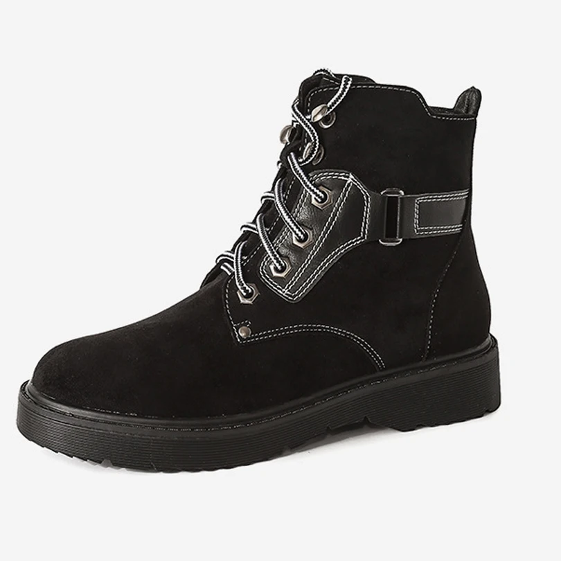 

Female Mid- Bota Feminina Woman Lace-upFlockAnkle Boots Khaki Rubber Low Heels Height Square Riding Normal Size Flat With 35-43
