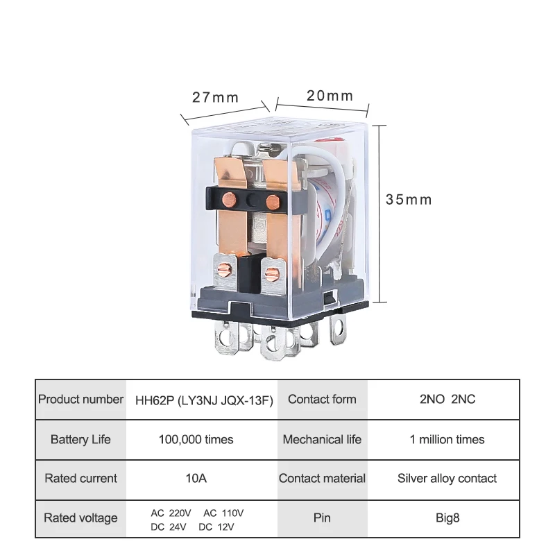 HH62P LY2NJ JQX-13F LY2 мини электромагнитные реле AC 220V 110V DC 24V 12V 10A DPDT 8 Pin медная катушка силовое реле светодиодный