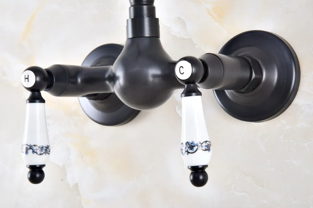 Black Oil Rubbed Bronze Wall Mounted Bathroom Kitchen Sink Faucet Swivel Spout Mixer Tap Dual Ceramics Handles Levers anf866