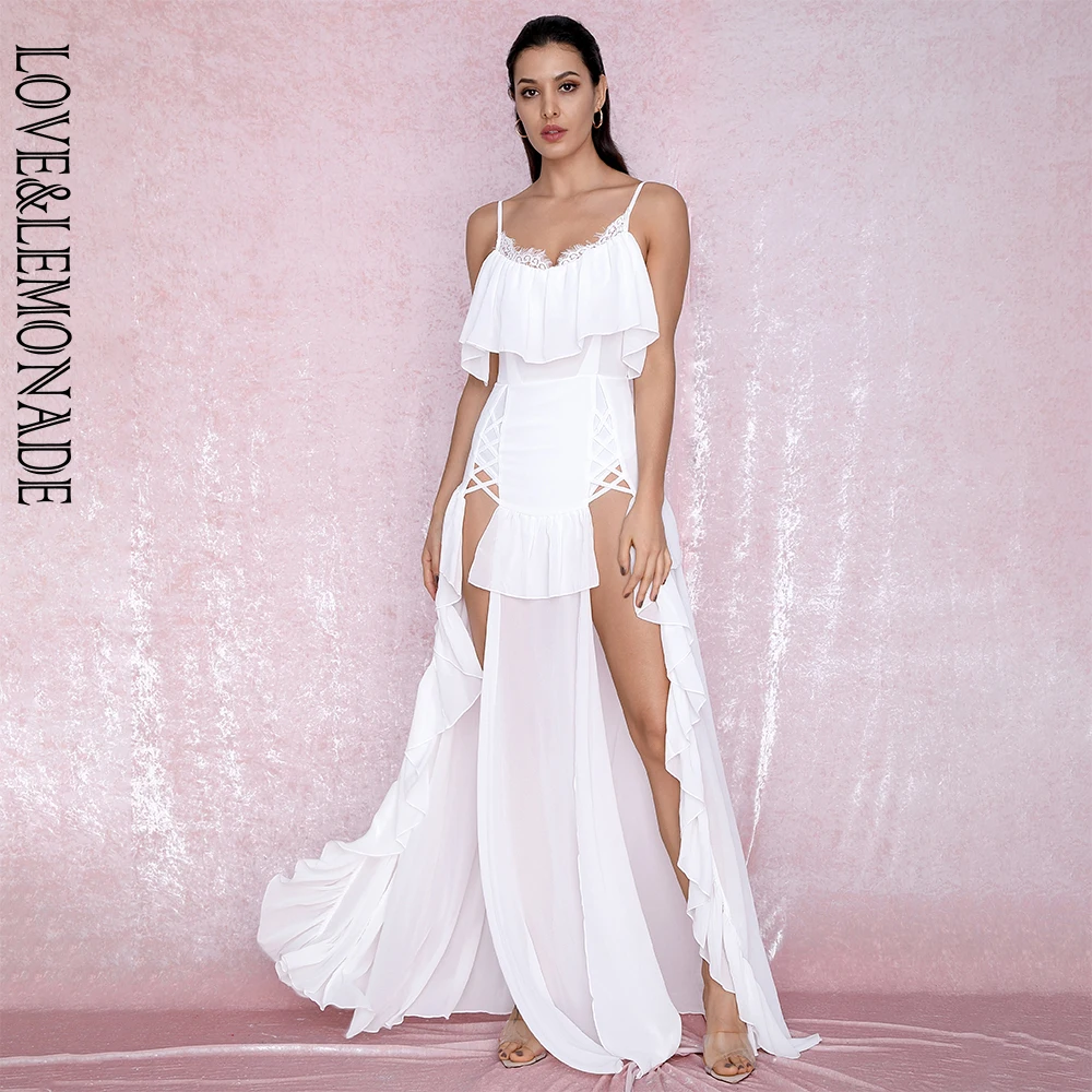 lace ruffle split maxi dress