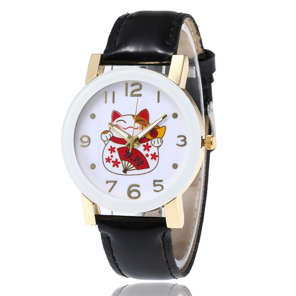 Chinese Style Women Watches Cute Cartoon Lucky Cat Pattern Leather Strap Wrist Watches for Women Quartz Watch Relojes Para Mujer