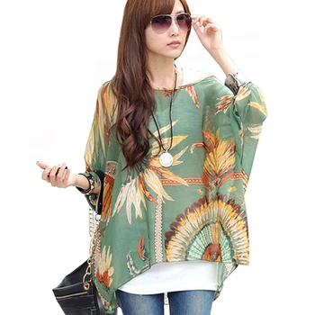 

Womens Tops and Blouses 2018 New Fashion Batwing Casual Loose Summer Blouse Shirt Floral Print Boho Chiffon Tops Chemise Femme
