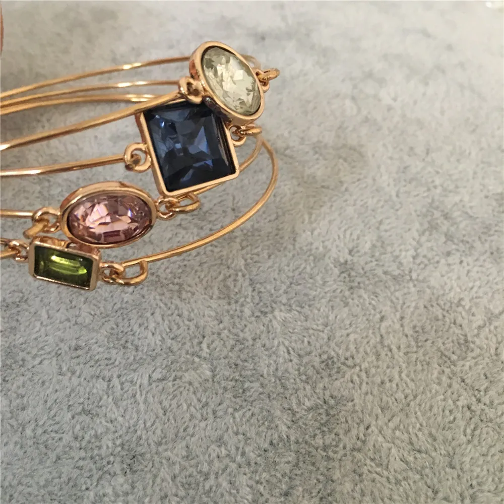 New Trendy Geometric Colorful Stone Rose Blue Green Openable Thin Bangle 4 pcs Set Statement Gorgeous Jewelry Accessory
