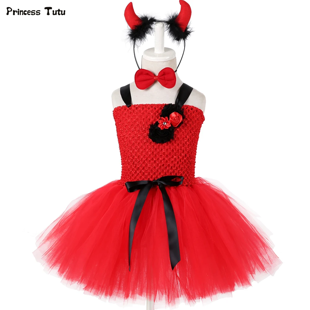 

1Set Red Devil Girls Tutu Dress Tulle Devil Clothes Kids Christmas Halloween Costumes For Girls Birthday Party Fancy Dress 1-14Y