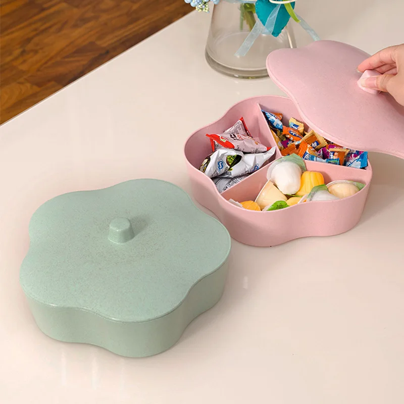 

Plastic Food Box 3 Grids Strawing Candy Box Creative Flower Shape Snack Boxes Green Pink Tableware Kitchen Storage Tools
