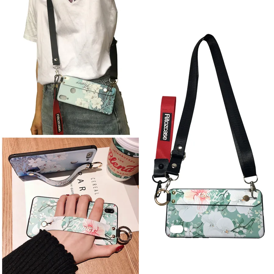 

flower wristband shoulder strap silicon case for iphone xs max xr x 6 6s 7 8 plus fashion floral holder soft back cover phone ba
