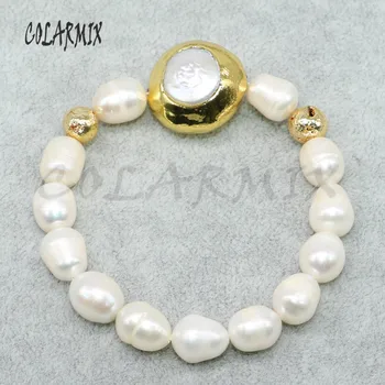 

6Pcs Handcrafted natural pearl strand bracelets gold color plated pearls charms natural pearls Beaded bracelet bangle 4851