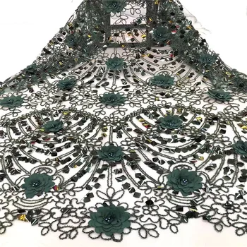 

African 3D Tulle Lace Fabric 2019 sequins green High Quality Lace Nigerian French Beaded Guipure Lace Fabric For Wedding Dress