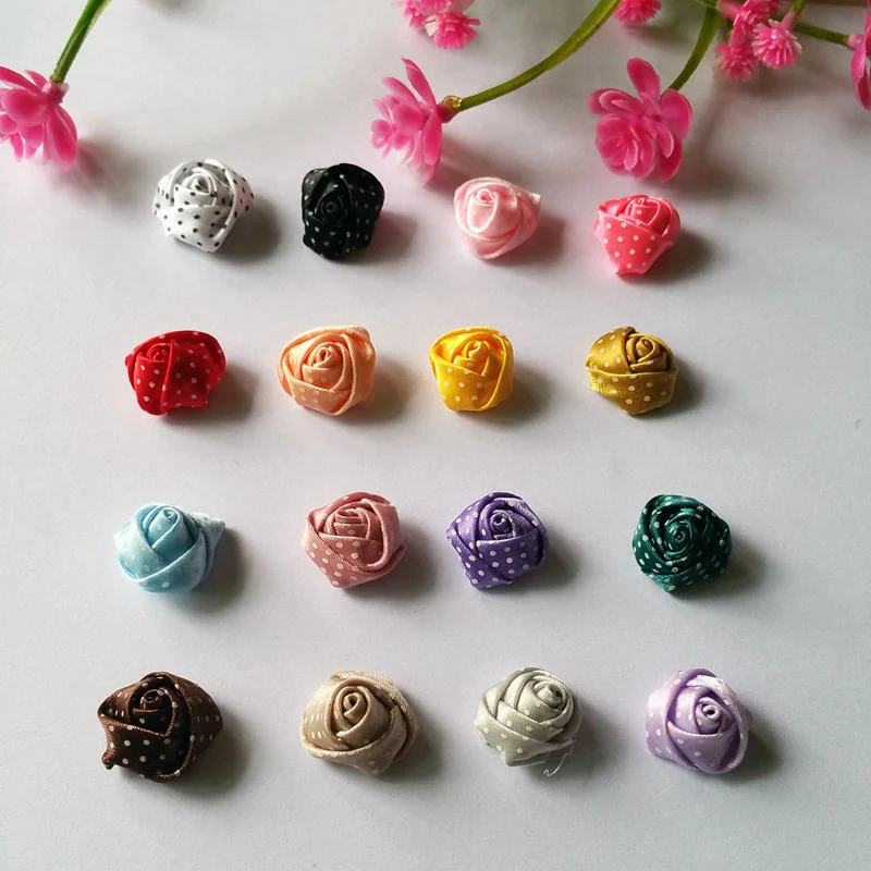 

200pcs/lot 15mm DIY Rosette Flower mixed Dot Ribbon Rose for Kids Garment or Craft jewelry accessory scrapbooking