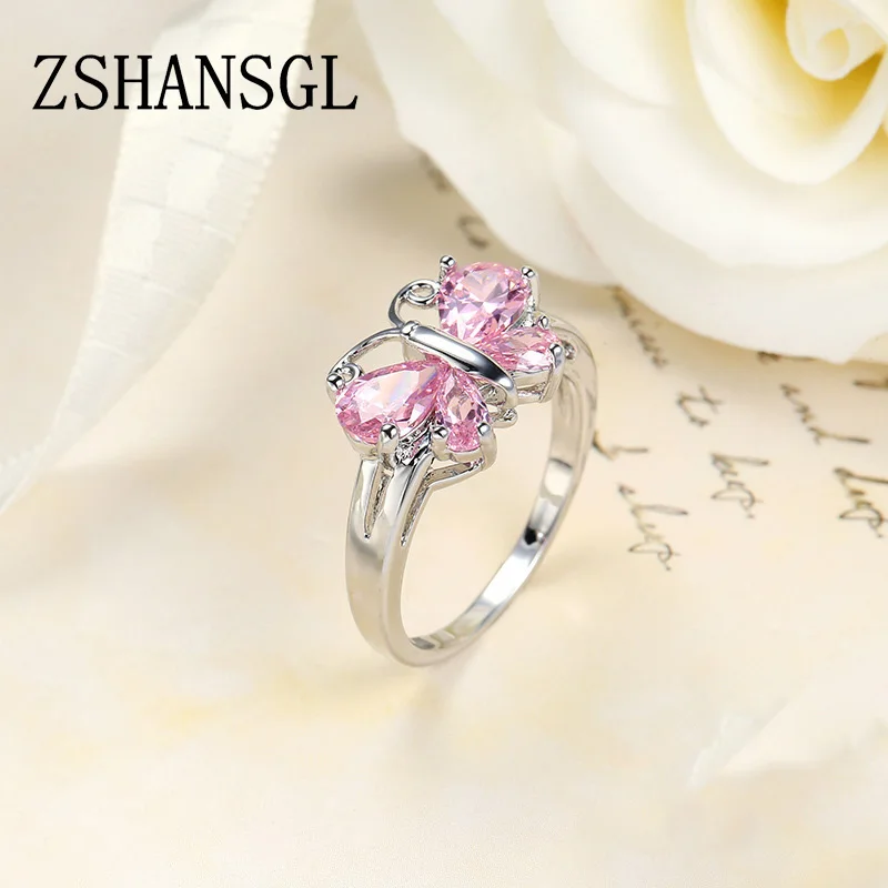 Подлинное 925 пробы Серебряное кольцо с бабочкой и сверкающим розовым фианитом для женщин, ювелирные изделия из стерлингового серебра, рождественский подарок