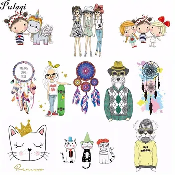 

Pulaqi Rock Ironing Transfers Patches Heat Press Stickers for Families Lovely Girl Animal Patch DIY Appliques for Parent-child H