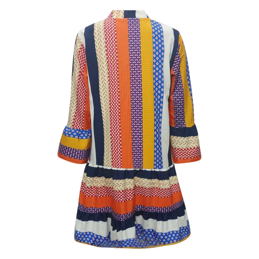 Feitong Fashion Dress Women Vestidos Autumn Plus Size Bohemian Ethnic Floral Stripes Long Sleeve V-Neck Dresses платье летнее