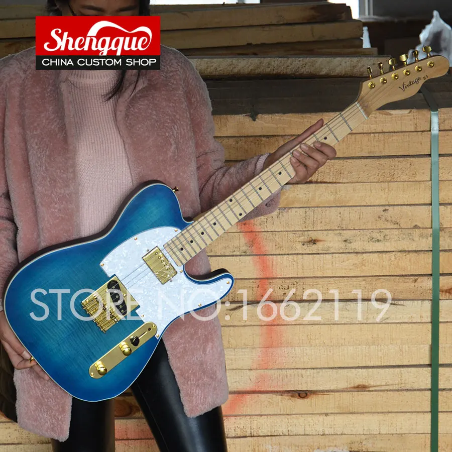 

SHENGQUE Factpry Custom Tele Guitar telecastor blue color with flamed top TL guitars musical instrument shop