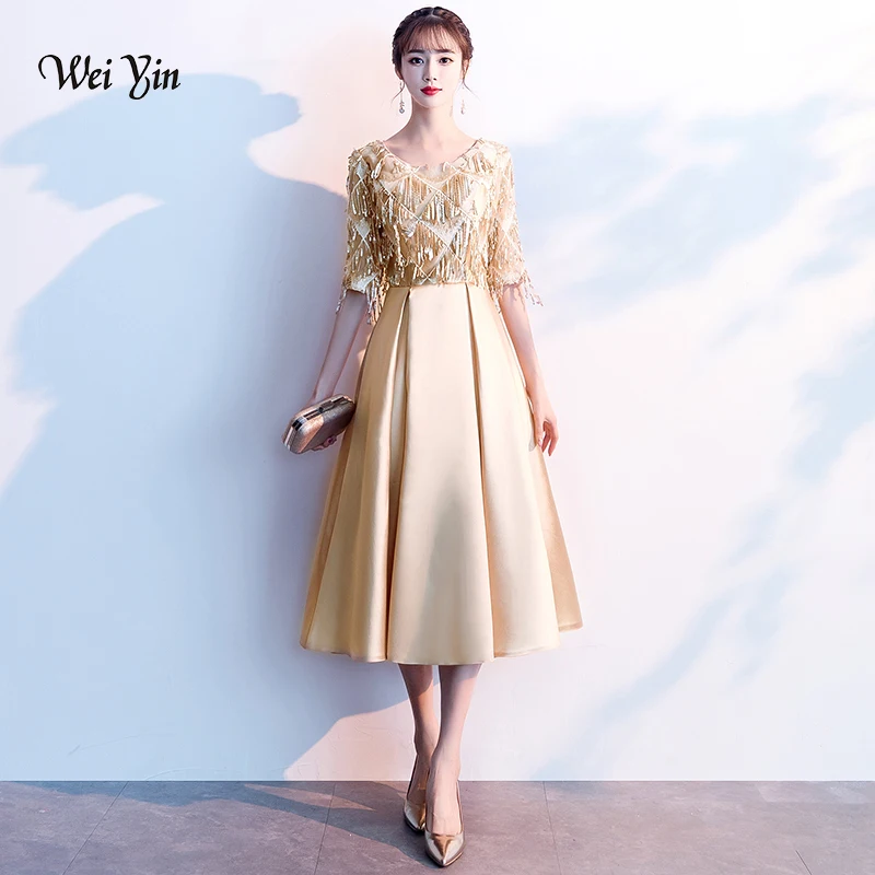 

weiyin V Neck Tea-length Evening Dress 2019 New Sequind Stain Formal Prom Gowns Bestido de festa Abiye Gold Evening Gown WY1159