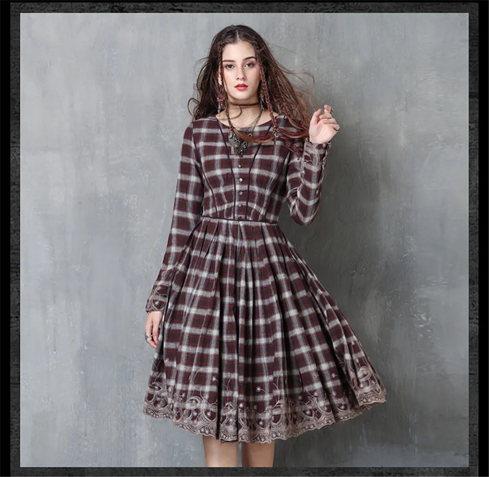 Vintage Embroidery Plaid Women Dress 2017 Autumn Vestido Femininos Cotton Long Sleeve Dress Plaid Patchwork O neck Women Dresses (9)