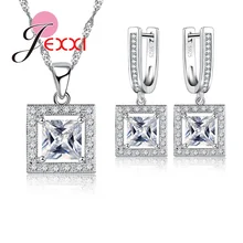 JEXXI Trendy Geometric Square Shape Brand Cubic Zirconia Rhinestone Sterling Silver Jewellery Sets For Woman Party