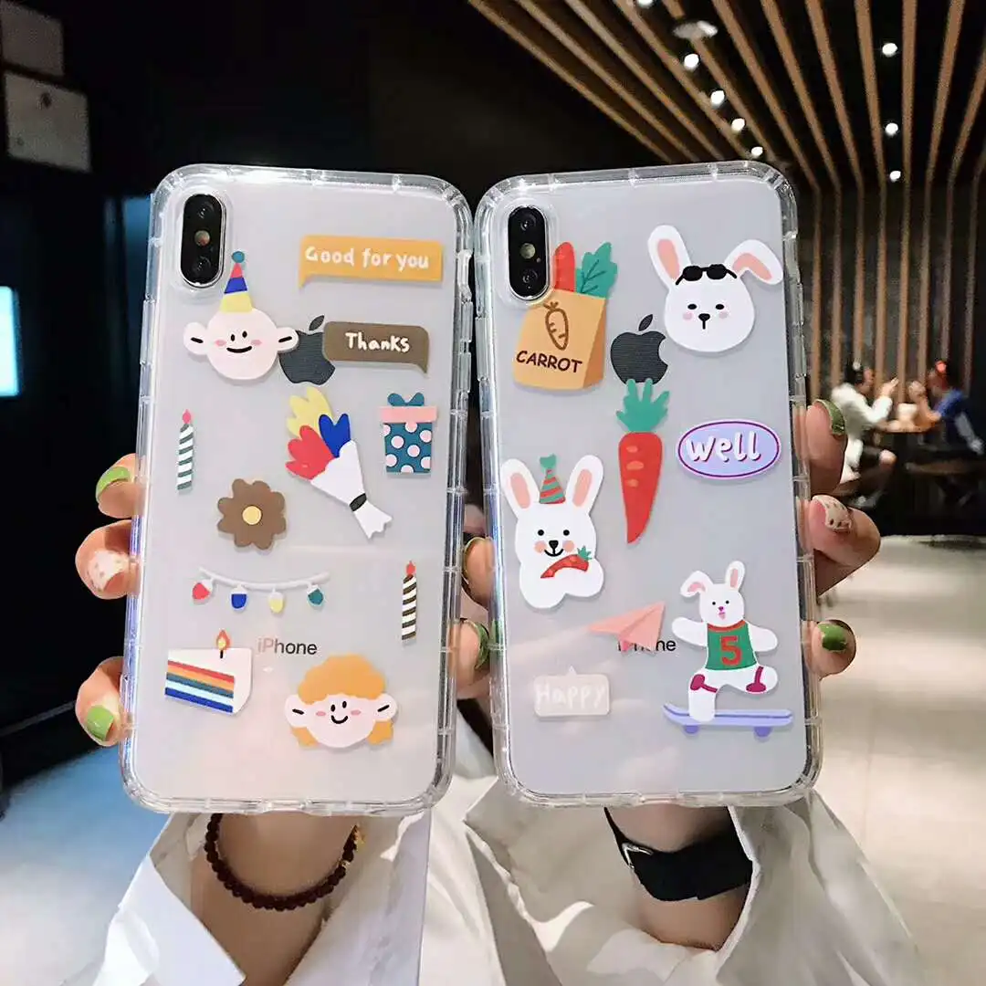 

INS Korea Cartoon Sticker Rabbit Skateboard Carrot Clear TPU Case for iPhone 6 6s 7 8 Plus Xr Xs Max X Air Cushion Soft Cover