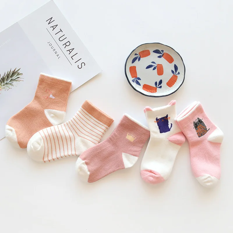 

Pink Cat 5 Pairs Baby Socks Spring and Autumn Cartoon Children's Socks Unisex All Combed Cotton Newborn Socks 10 Color
