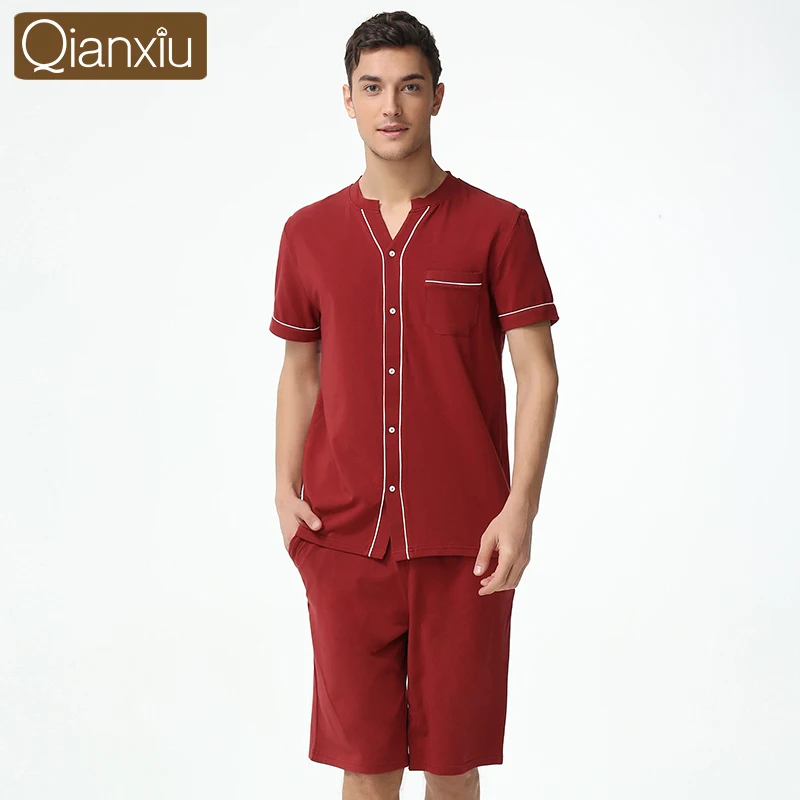 Qianxiu Summer Casual Pajama Sets For Men Cardigan Lounge Wear Kniteed