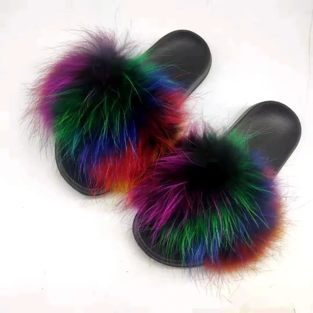 

Summer Woman Leather Fox Fur Slippers Home Sandals Fluffy Long Hair Indoor Slides EVA Flat Flip Flops Leisure Shoes