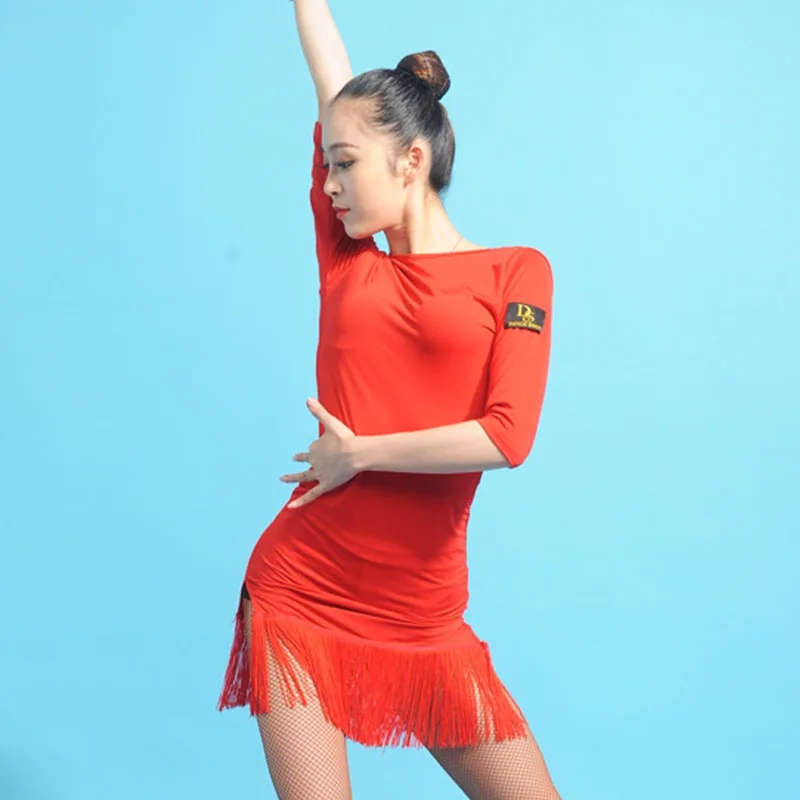 Латинский платье для танцев красные рукавом Молоко волокна Fringe латинские платья женские Salsa Samba Танцы Костюмы дамы Практика одежда DNV10444