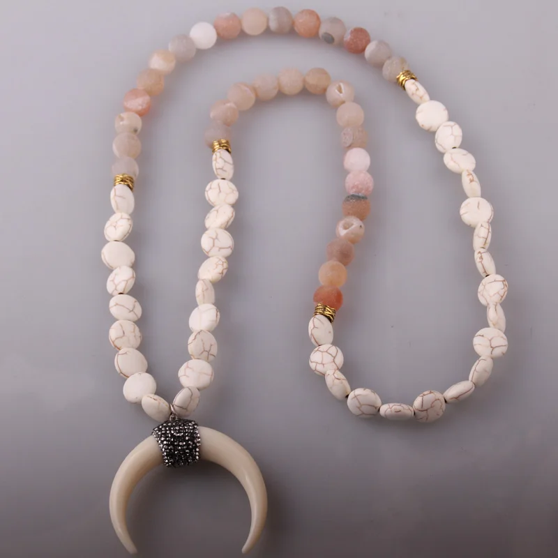 Модные богемные этнические ювелирные изделия плоские белые S Druzy Ox Horn Moon ожерелье