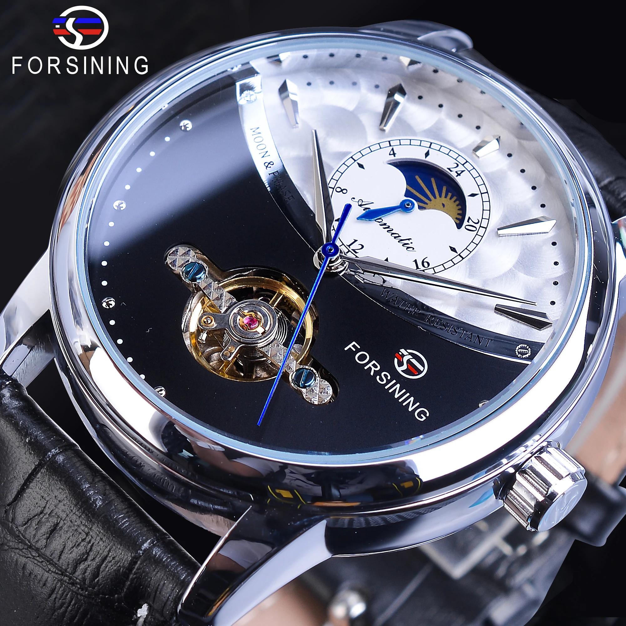 Forsining Skeleton автоматические механические мужские часы из натуральной кожи черного