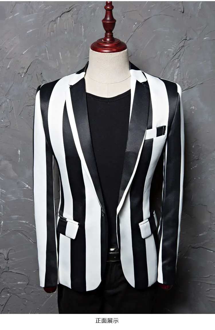 

Brand M-5XL New Tide Men Black White Zebra Stripe Blazer Male Stage Wear Masculino Slim Fit Fashion Casual Suit Jacket