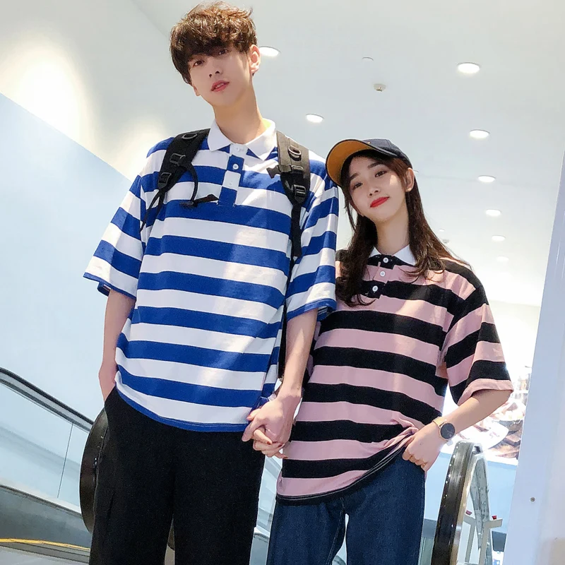 2019 Korean Matching Couple Clothes Autumn Winter Loose Tops Casual T-Shirt blue pink Stripe Cute Couple T Shirts For Lovers