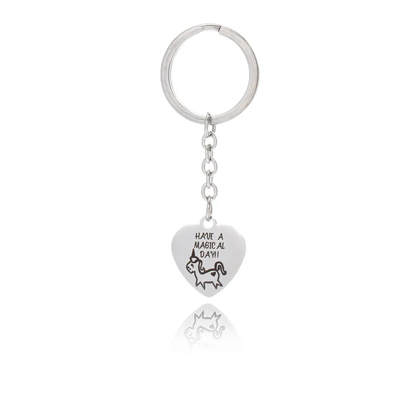 

1pc Unicorn Keychain-Polished Steel Keychains-Have a magical day-Words Engraved Heart Charms-Customize Gift for your Child G2986