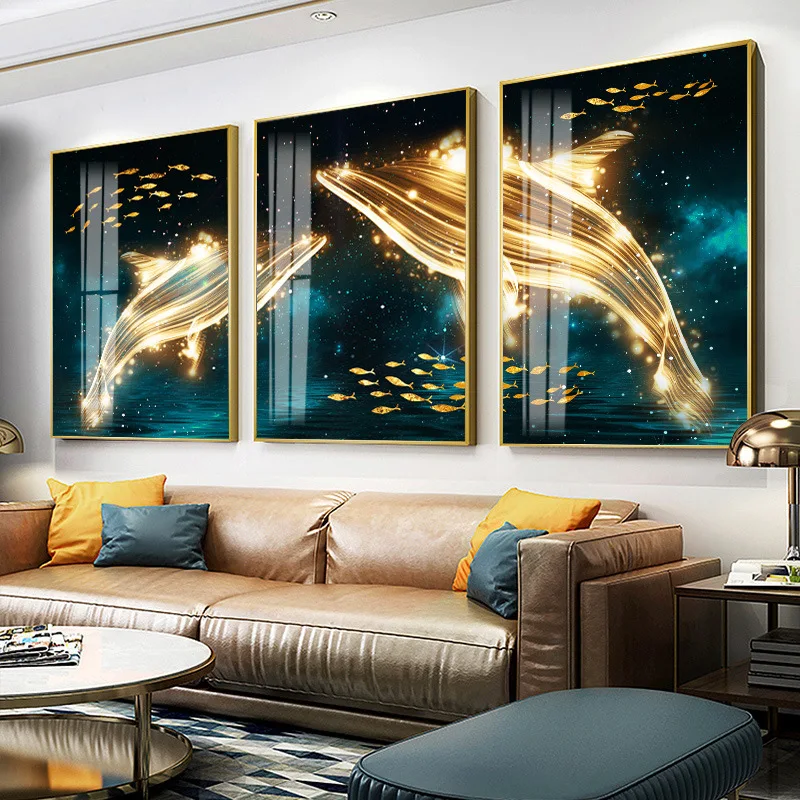 

Luxury Simple decorative painting Living room triptych Modern abstract crystal painting Nordic combination Whale dream painting