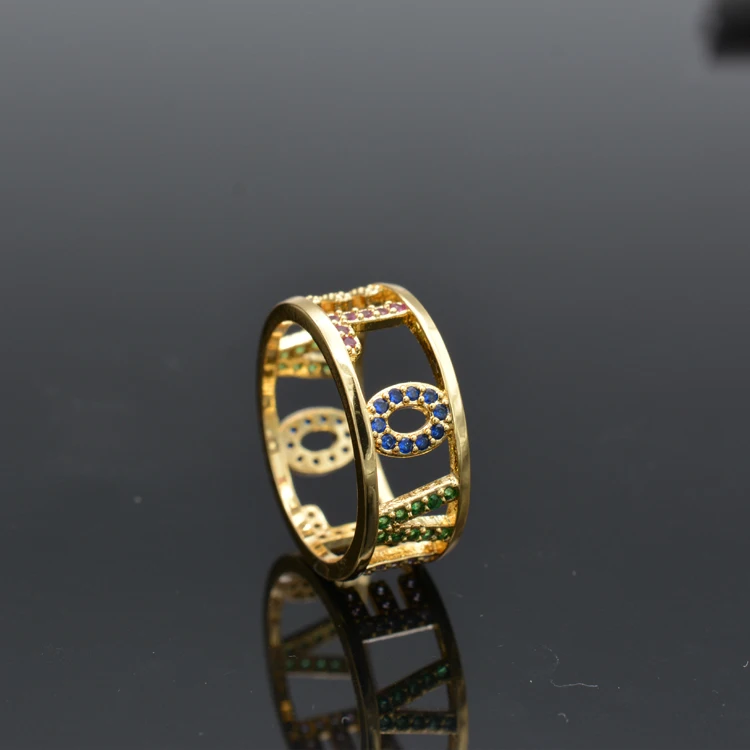 

Fashion simple monogram ring inlaid with colorful zircon suitable for European and American women