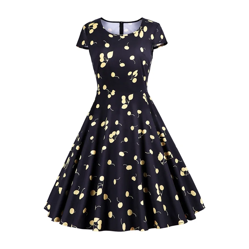 

Summer Print Dresses 2019 New Women Cherry Printing Short Sleeve Dress Ladies Casual Vintage Cap Sleeve Dress Vestidos