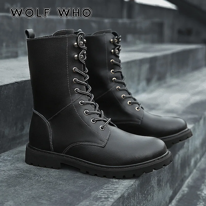 

WOLF WHO 2018 Men Winter Mid-calf Boots Man slip resistant Army Boots Warmest Martin Boots Male sneakers PU Leather Shoes X-136