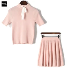 2017 New Autumn Striped Casual Dress Fashion Sweet Bow Lace up Top + Skirt Suit Knitted Sweater Vestidos Two Piece Women’s Set