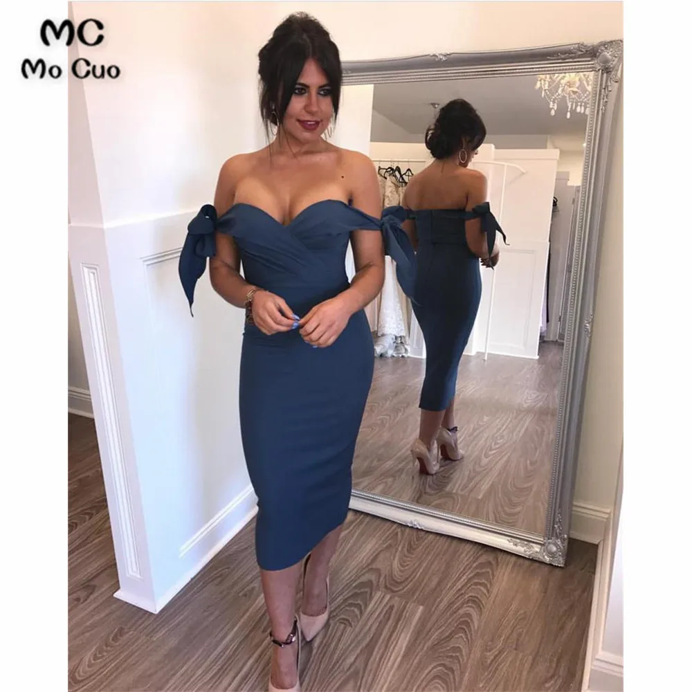 Sweetheart Off The Shoulder Sheath Bridesmaid Dresses Knee Length (3)