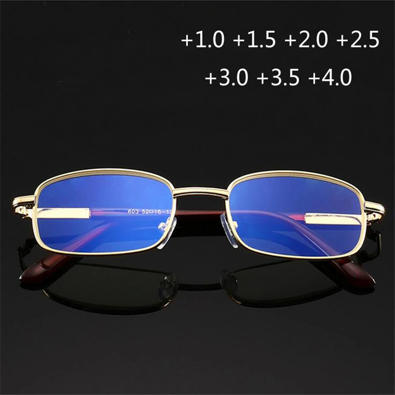 Женские мужские очки для чтения анти голубой свет металлическая рамка коричневая коробка для очков очки для дальнозоркости+ 100+ 150+ 200+ 250 до+ 400
