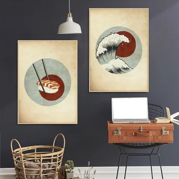 

JAPAN STYLE Wave Sushi Lotus Flower Abstract Canvas Poster Wall Pictures for Living Room No Frame