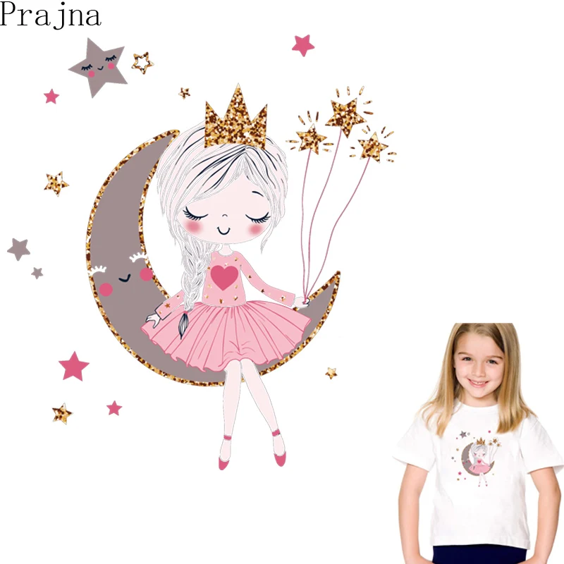 

Prajna Moon Girl Patch Thermal Heat Transfer Vinyl Patch PVC Iron On Transfers For Clothes Stickers Cartoon Badge Cute Washable