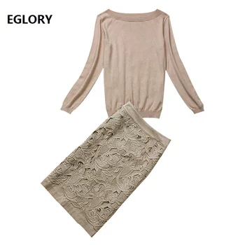 

2019 Fashion Sweater Suits Women Solid Knitted Tops Jumper+Hollow Out Embroidery Pencil Skirt Set Female Casual Two Piece Set
