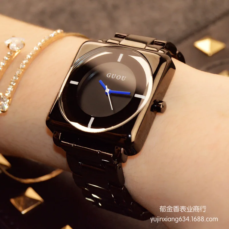 Relógio de Pulso com Pulseira de Quartzo Feminino em Ouro Rosa Preto com Correia de Aço Inoxidável Quadrado Simples e de Luxo de Alta Qualidade hk - Image 5