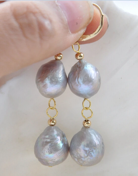 

> WOW 2row 12mm gray almost round Edison PEARL dangle earring 14KGP Z5889