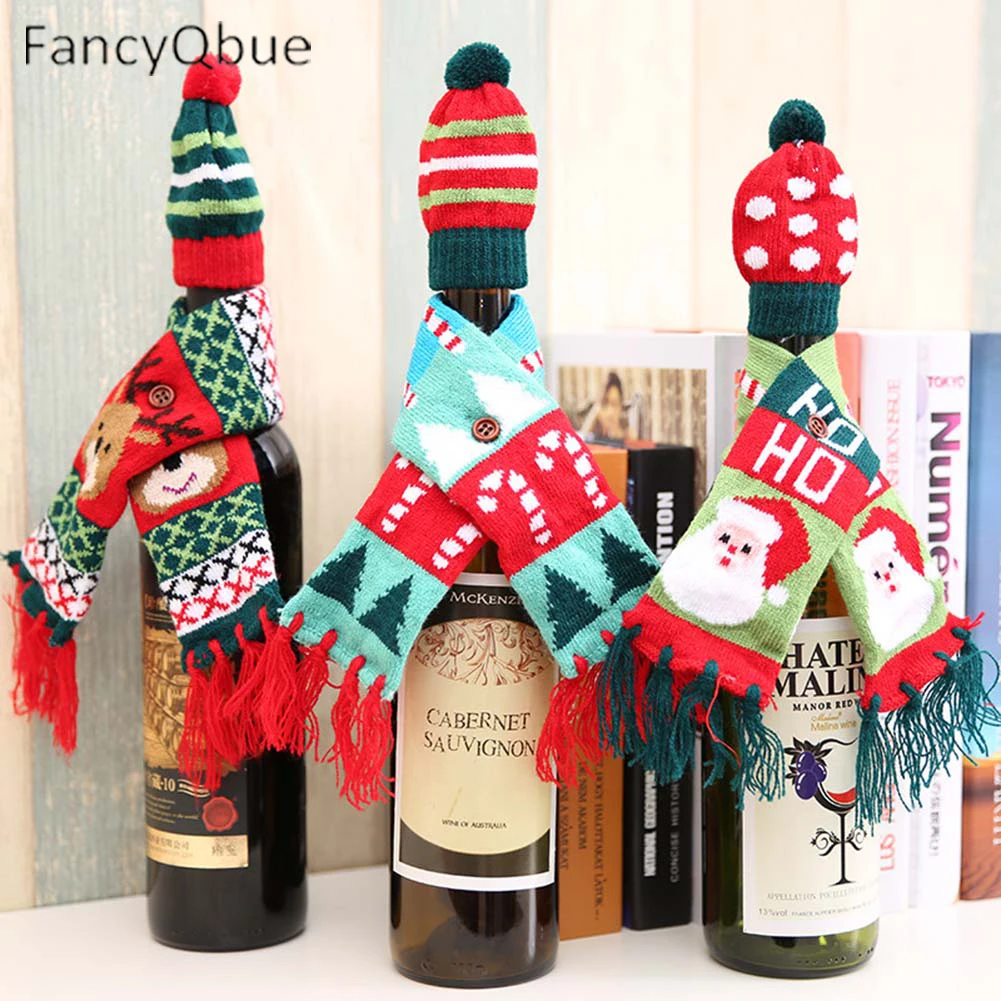 

2 pcs/set Scarf&Hat Knitted Red Wine Bottle Decoration Novelty Scarf Bear Tassel Santa Claus Hat For Christmas Decorations