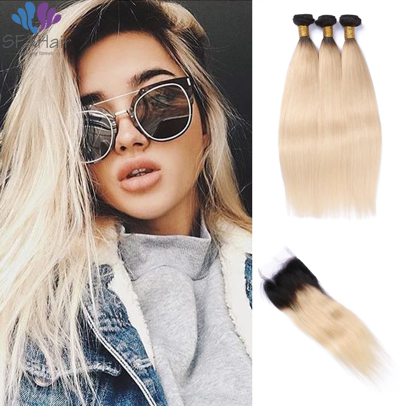 

Best Ombre Blonde Bundles With Closure #1B/613 Mink Brazilian Straight Hair With Closure 3 Bundles Human Hair With Lace Closure