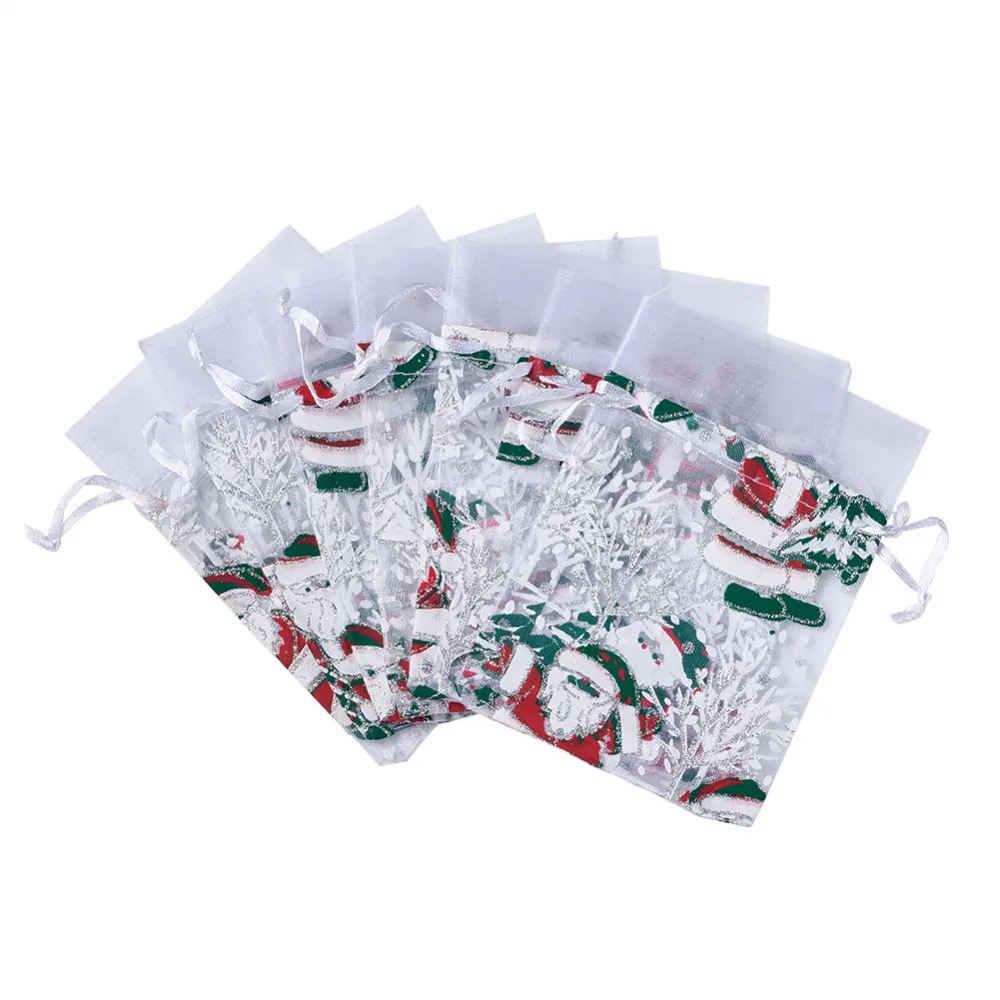 

100 PCS 9X13cm White Rectangle Christmas Father Tree Organza Bags Portable Pouches for X-mas Party Gift Candy Package