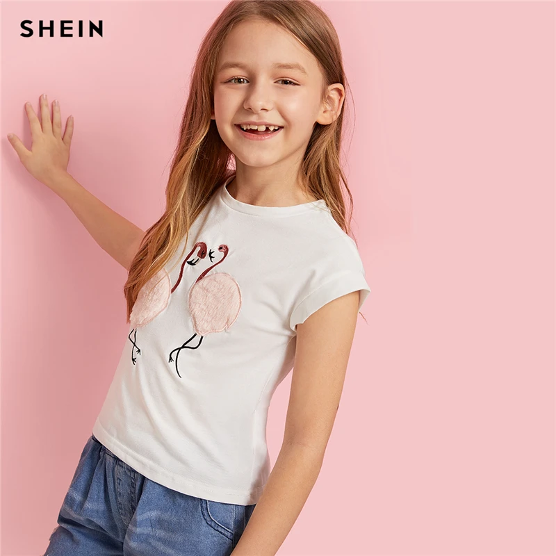 SHEIN/Милая повседневная детская футболка с принтом фламинго и помпонами; топы для девочек; коллекция года; летние футболки без рукавов для девочек